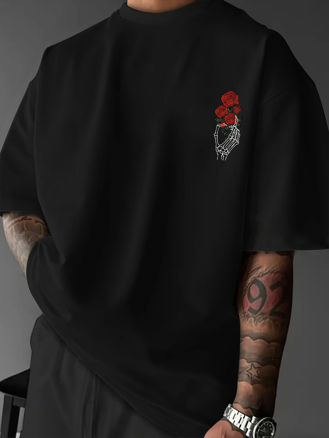 Men Hip‑Hop Oversized T‑Shirt Gothic Skeleton Hands Red Rose Back Print Drop Shoulder Casual Short Sleeve Tee
