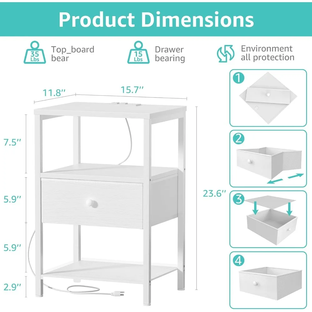 منضدة بيضاء مع قاعدة شحن، وحامل ليلي LED مع أدراج قماشية ورف، وطاولة بجانب السرير مع منافذ USB وOU