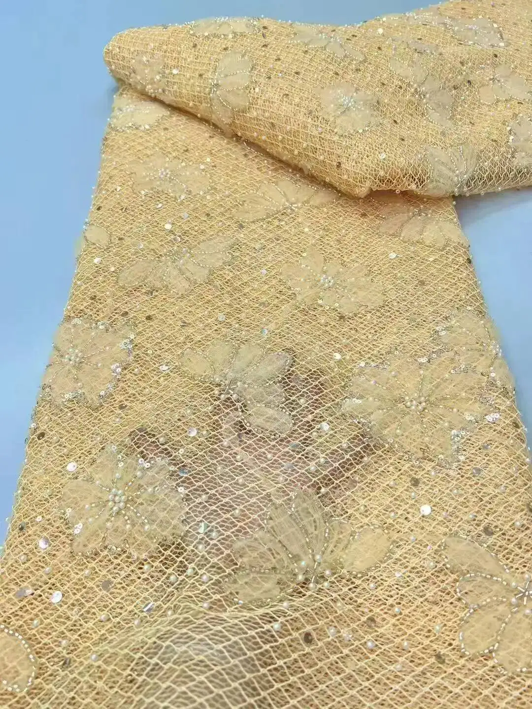 

5Yards High-Quality Nigerian Embroidery African Beads Lace Fabric 2025 Sequins for Wedding Evening Dress Sewing