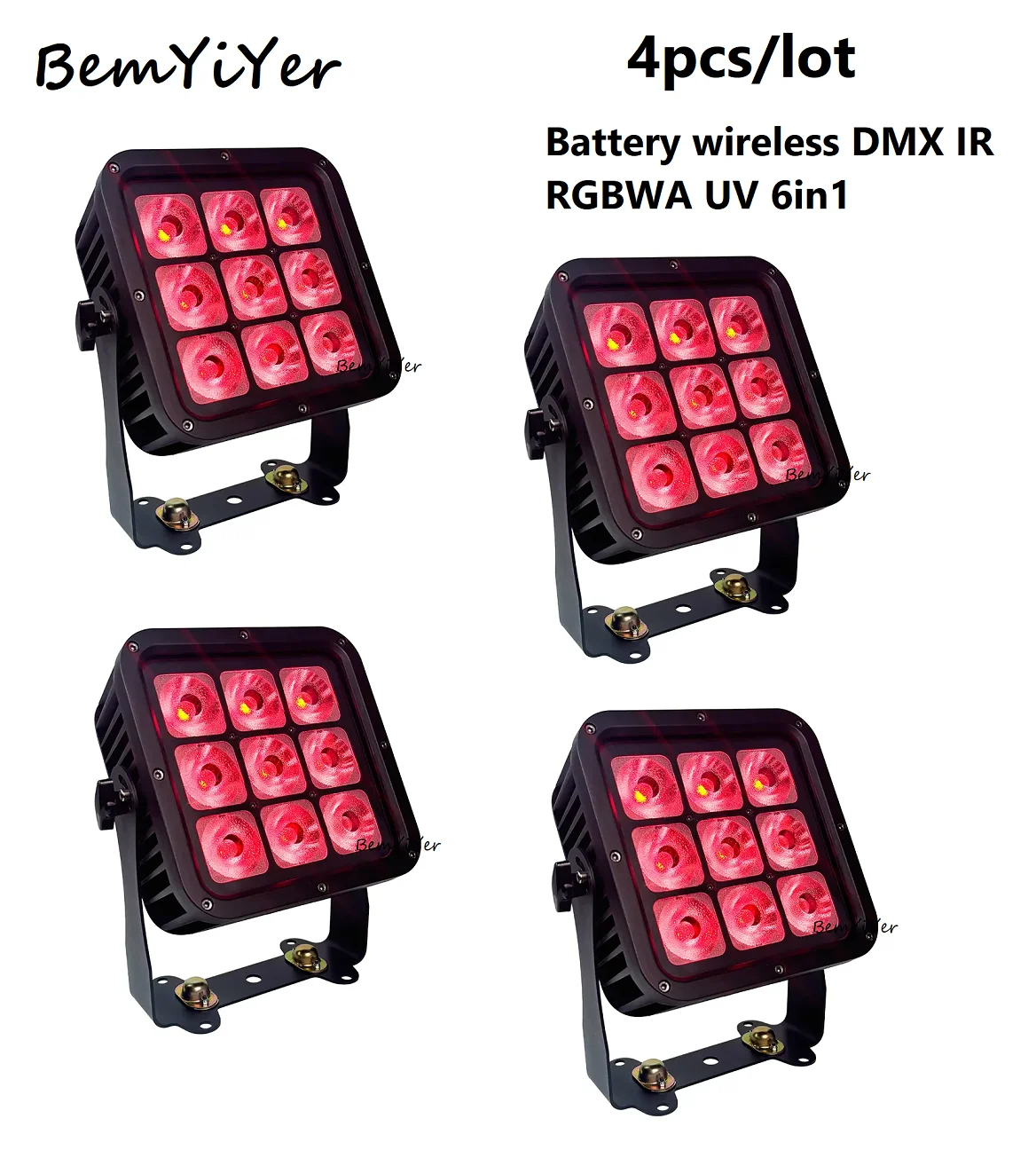 

BemYiYer 4pack 9x12W waterproof LED Par Uplights Battery Wireless DMX Outdoor IP65 IR control/RGBWA+UV 6in1