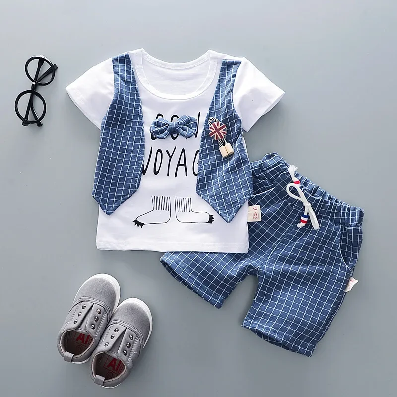 2022 Summer Baby Boys Clothing Sets Cartoon lattice Tie T-shirt + Shorts 2 pieces set Boy Clothes