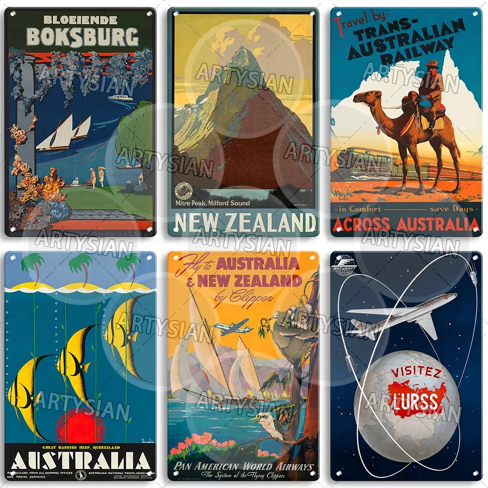 Travel Poster Metal Sign Australia New Zealand South Shore Line Pan American Airways Railway TAI Air travel Nouvelle-Calédonie