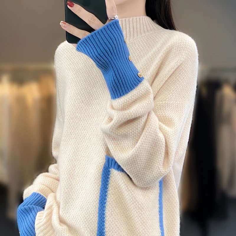 Large Size Sweater Clothing 2023 Autumn/Winter 100% Cashmere Wool Sweater Women\'s Half High Neck Knit Pullover Loose Fashion Top