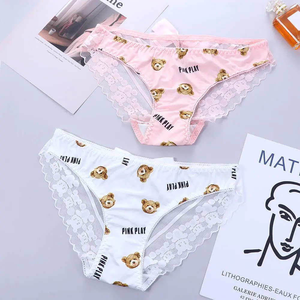 Bragas de encaje de cintura baja con volantes para mujer, lencería Sexy con estampado de oso lindo Kawaii, bragas de entrepierna de malla