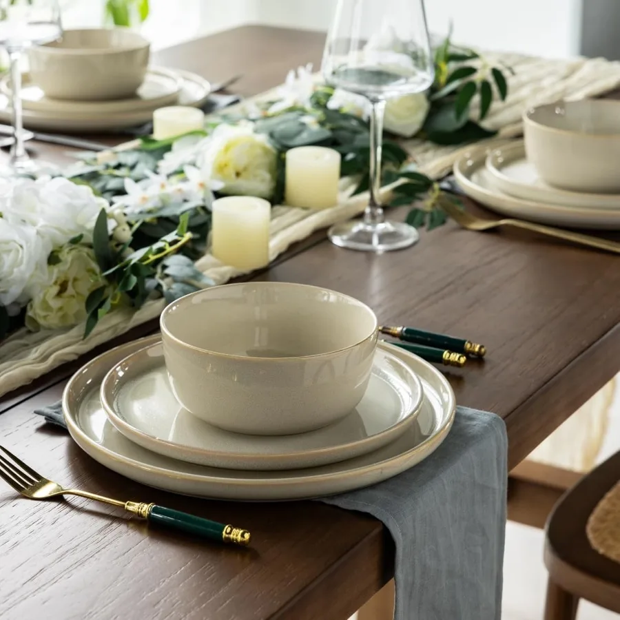 Conjuntos de louça de grés para 4 com placas e tigelas redondas de cerâmica com esmalte reativo conjunto de pratos altamente resistentes a arranhões adequado