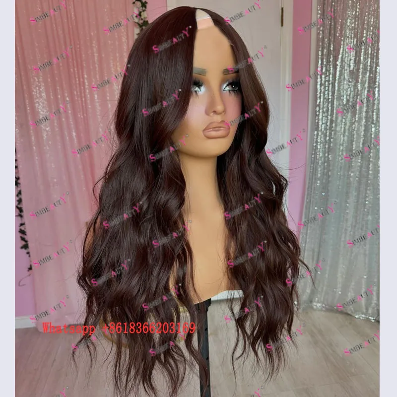 Dark Wine Blonde Human Hair Body Wave Full 1x4 Size V Part Wigs with Clips Easy Install U Part Wigs Natural Real Look Long Last