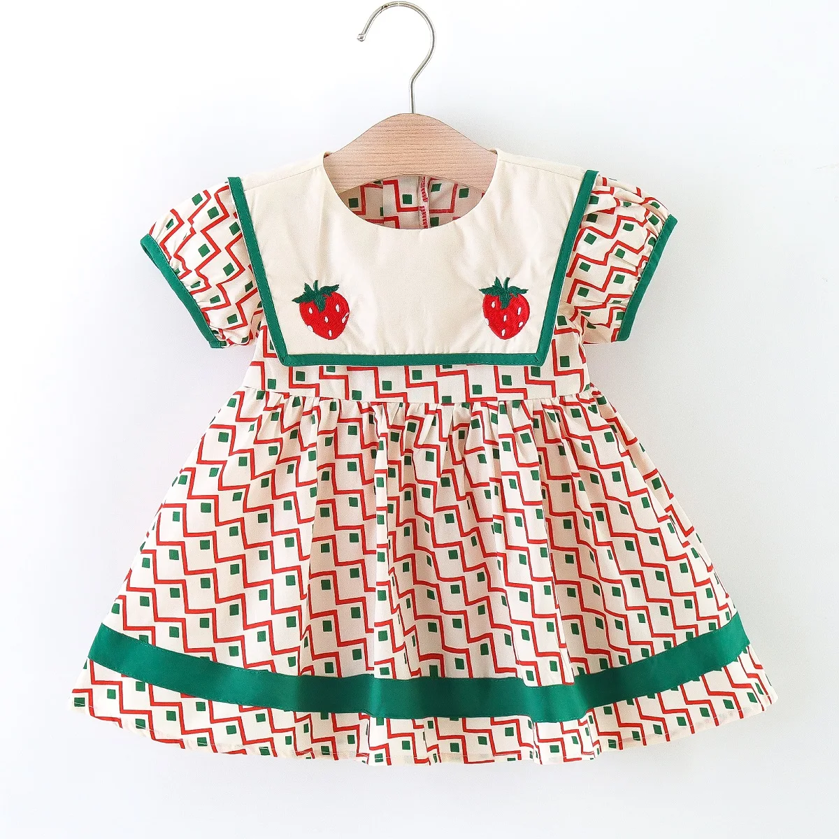 Summer New Baby Girls Dress Geometric Print Small Strawberry Short-sleeved Cotton Knee-length Skirt