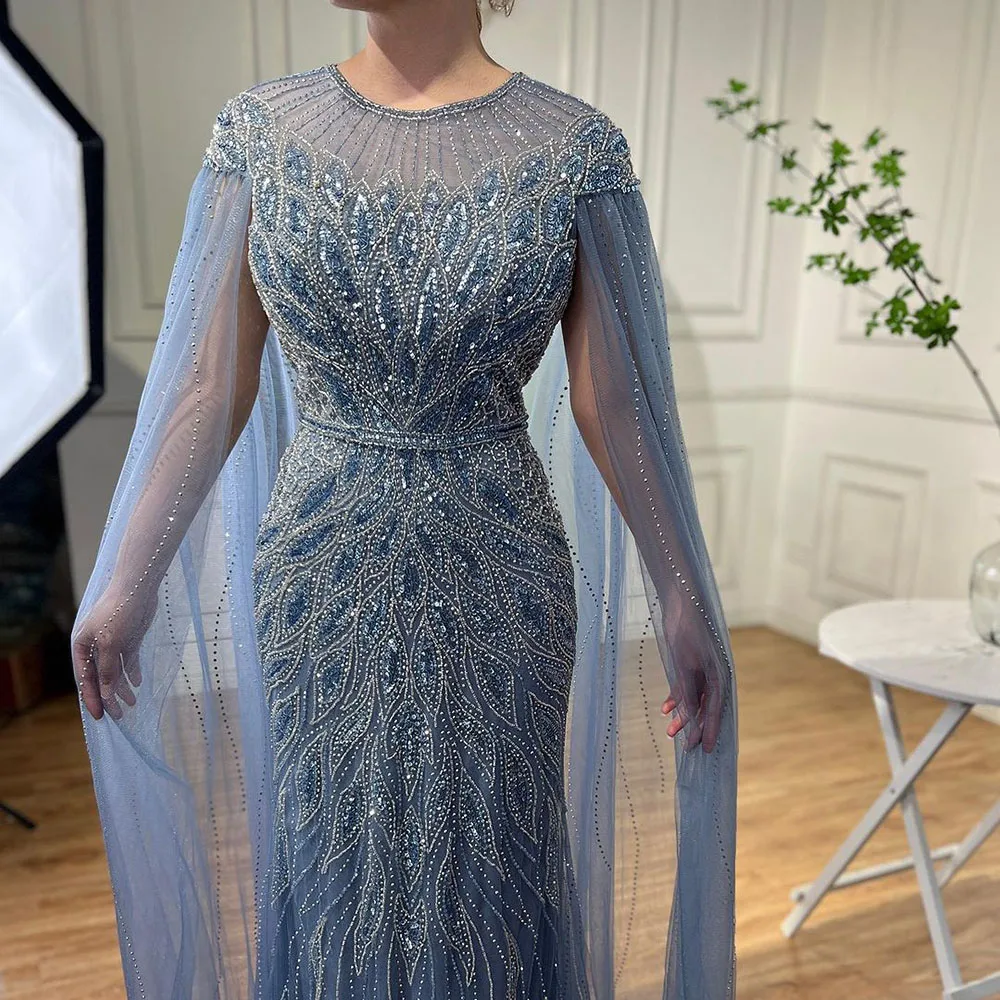 

Arabic Blue Cape Sleeves Mermaid Beaded Luxury Long Evening Dresses Gowns For Women Wedding Party 2024 LA71999