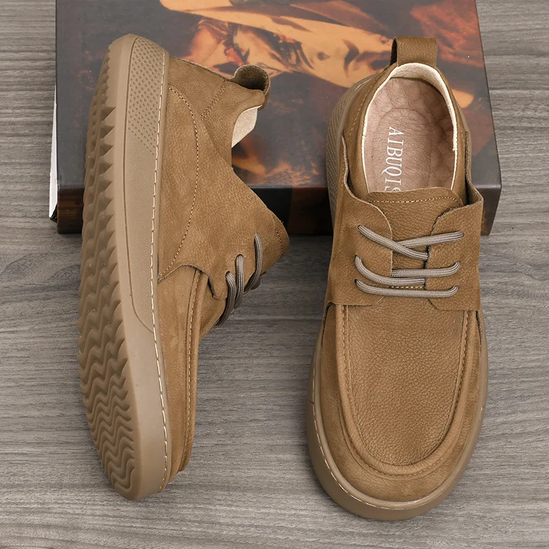 Soft Cowhide Casual Shoes Platform Men's Leather Shoes Flat Bottom First Layer Cowhide Sneakers Men Pigskin Inner Commuter Shoes