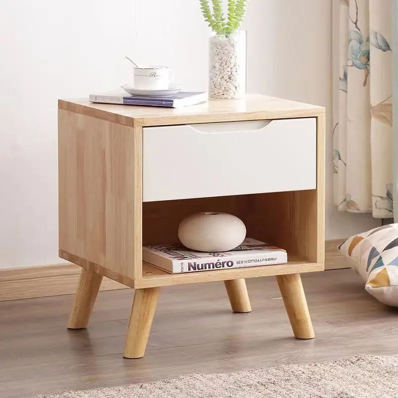 Bedside table All solid wood rubber wood storage locker Modern style simple bedroom cabinet