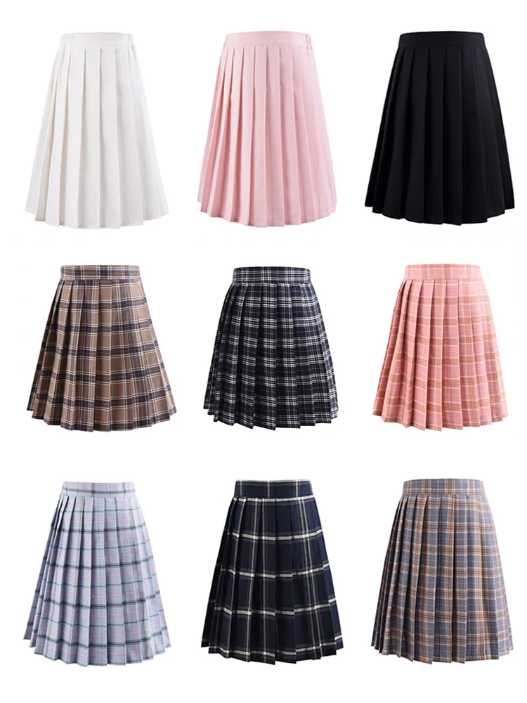 Kawaii Women\'s Mini Plaid High-Waisted Pleated Skirt Black White Anime Gothic Lolita Fashion 2022 Summer School Uniform Clothing