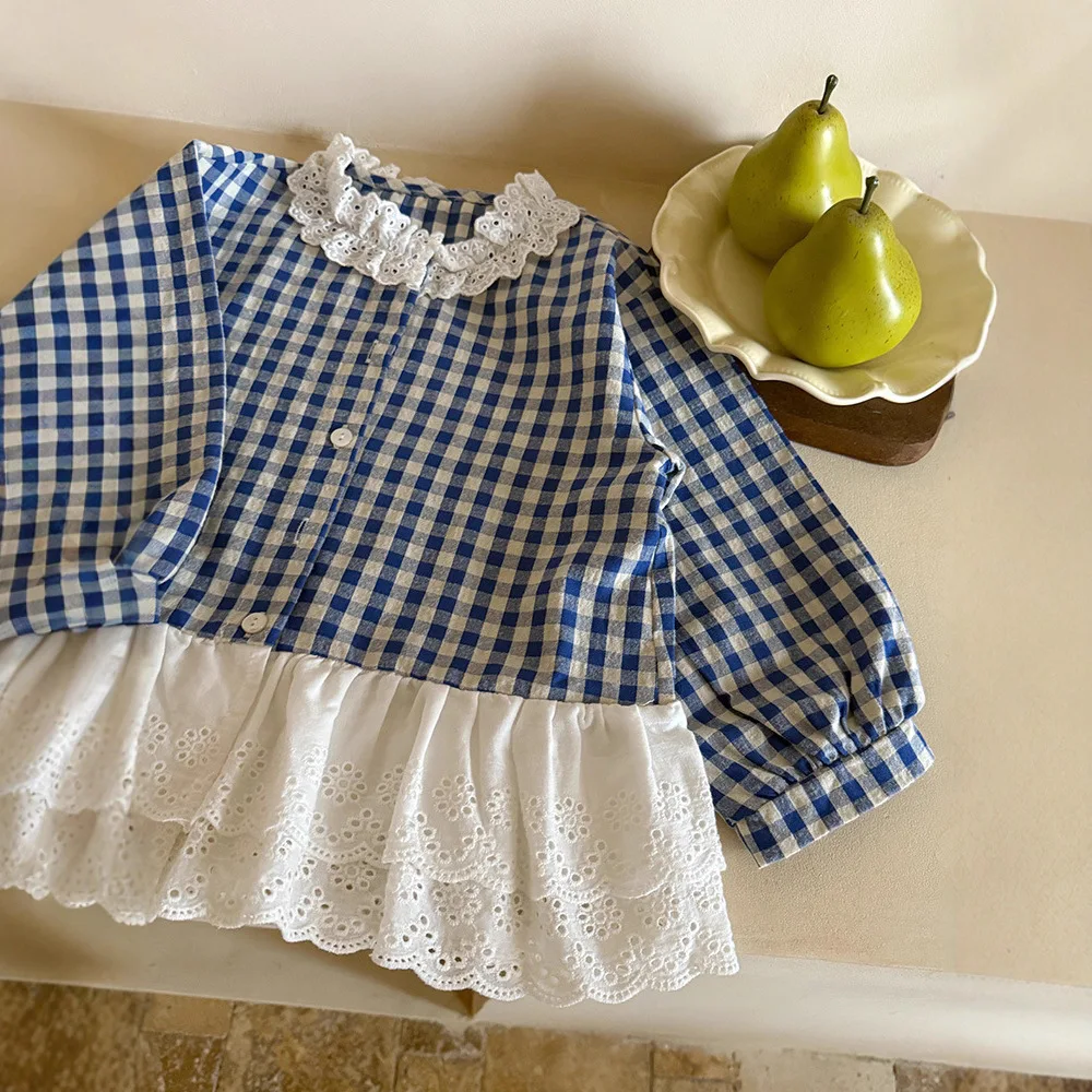 

Autumn 2025 New Girls' Cat Plaid Shirt with Lace Collar, Long Sleeves - Cute Children's Clothing