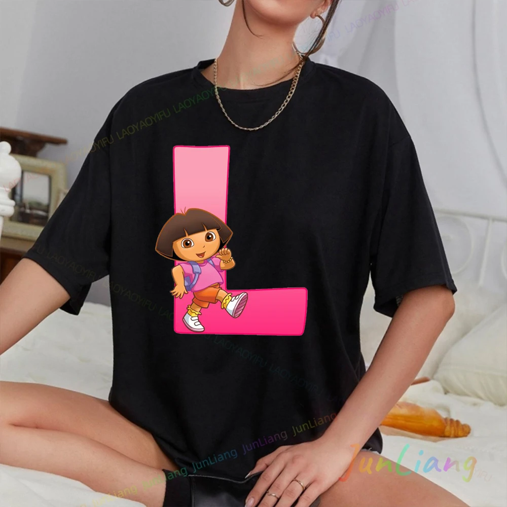 دورا المستكشف لطيف Harajuku الكرتون نمط تي شيرت للجنسين النساء الرجال بلايز رسالة عدد الطباعة الجرافيك ملابس علوية من القطن #3