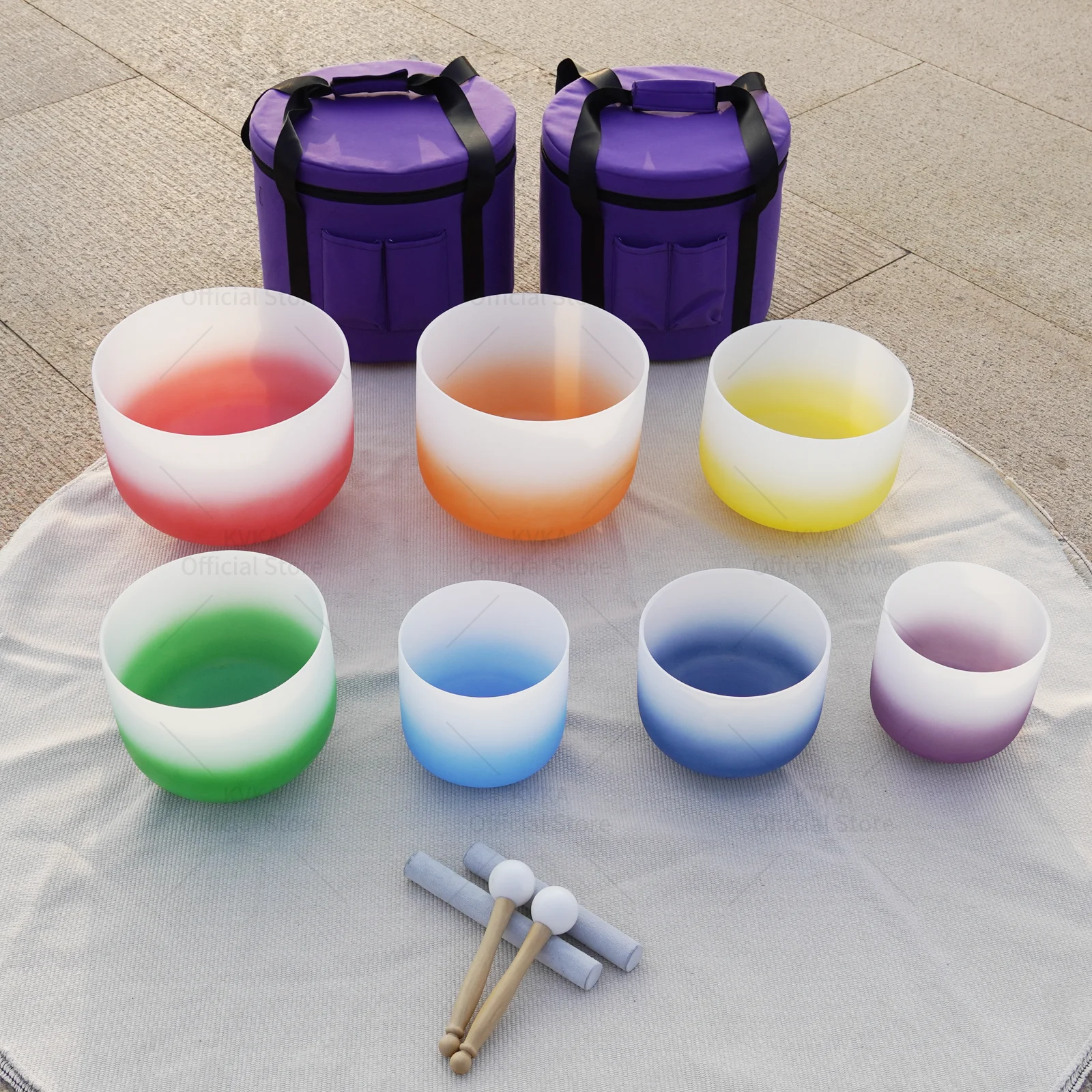 

KVKA 6-12 inch Or 7-12 Inch 432hz or 440hz Gradient Half Colored Chakra Frosted Quartz Crystal Singing Bowl for Yoga Sound
