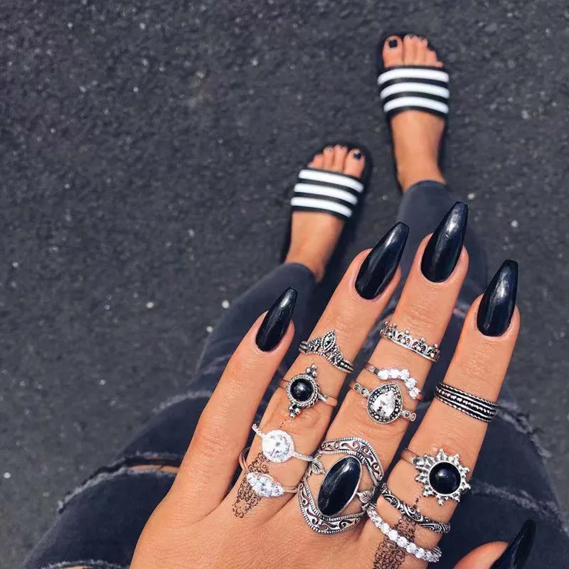 30 teil/los Großhandel Fabrik Vintage Shell Geschnitzte Blatt Finger Ringe Für Frauen Schwarz Emaille Große Blume Stern Mond Party Schmuck geschenk – Detail 12