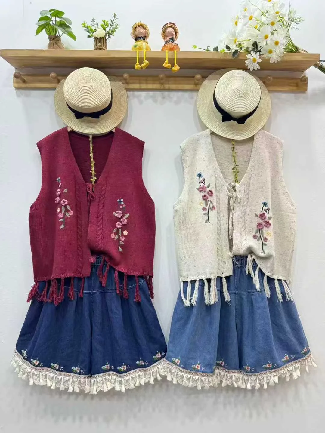 Enianechu Original Blue Dark Red Handmade Embroider Bohemian Sweater Vest for Women Winter Lace-up Tasseles Cardigan