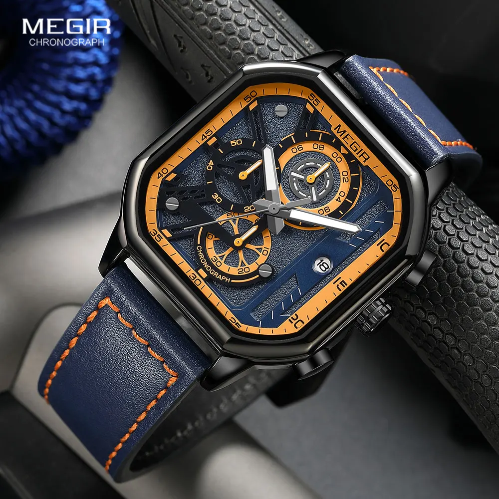 MEGIR Fashion Quartz Watch Men Military Sport Chronograph Analog Quartz Wristwatch With Square Dial Blue Orange Strap Date 8106