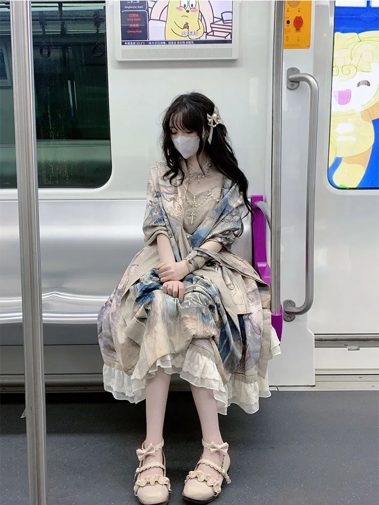 

Elegant Lolita Strap Dress Set Women's Cosplay Costume Court Style Grand Lady Outfit Oil Painting Long Sleeve High Waist JSK
