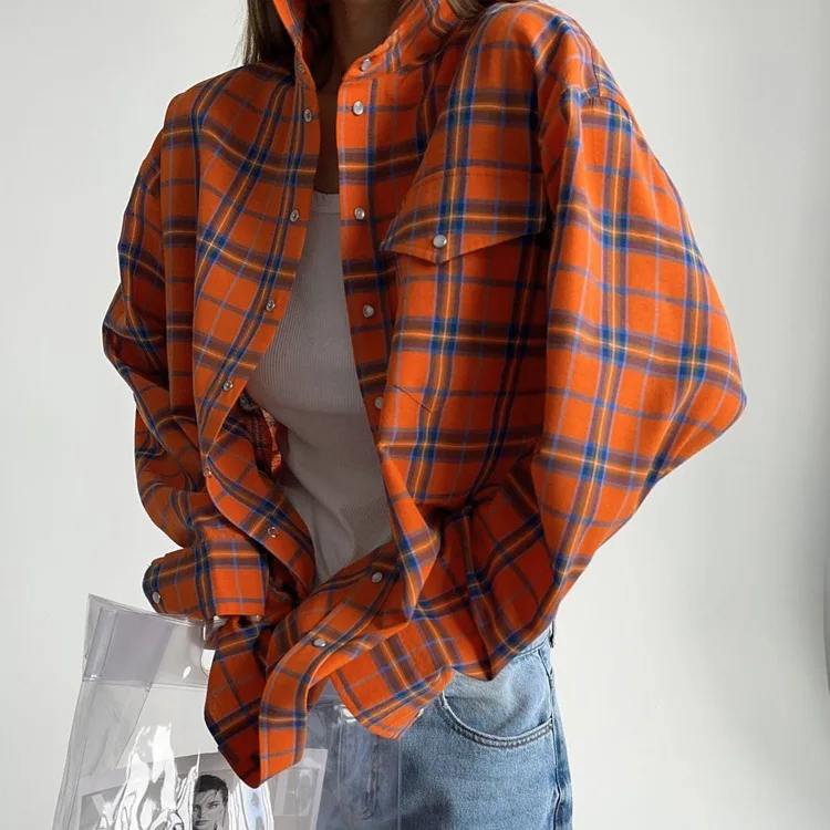 Autumn 2024 American Academy Style Orange Plaid Women\'s Loose Pocket Lapel Long Sleeve Shirt