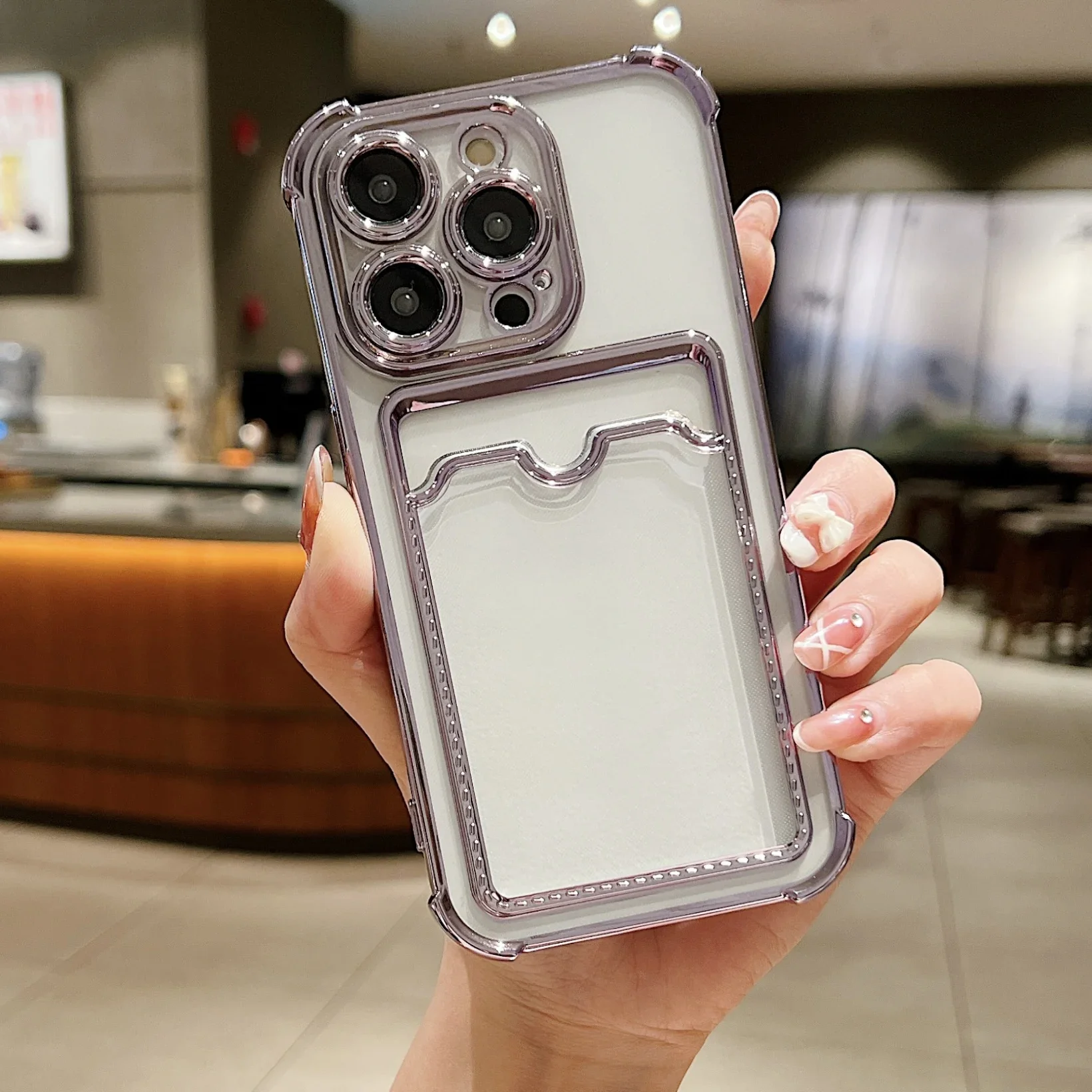 Luxury Plating Transparent Wallet Card Holder Phone Case For iPhone 15 14 13 12 11 Pro Max Plus Card Slot Shockproof Soft Cover