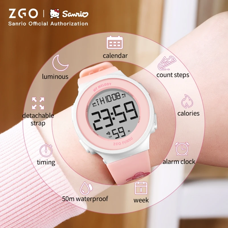 ZGO X Sanrio Hellokitty Jam Tangan Budak Perempuan Multifunction Waterproof Electronic Digital Watch Kids Girl Student Gift 8551