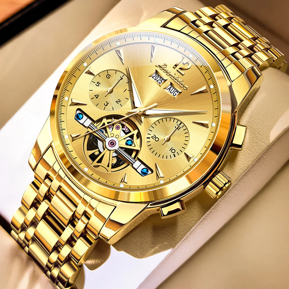 

JSDUN 8738 Автоматические мужские часы Скелет Маховик Хронограф Календарь Водонепроницаемые светящиеся мужские часы Роскошные механические часы