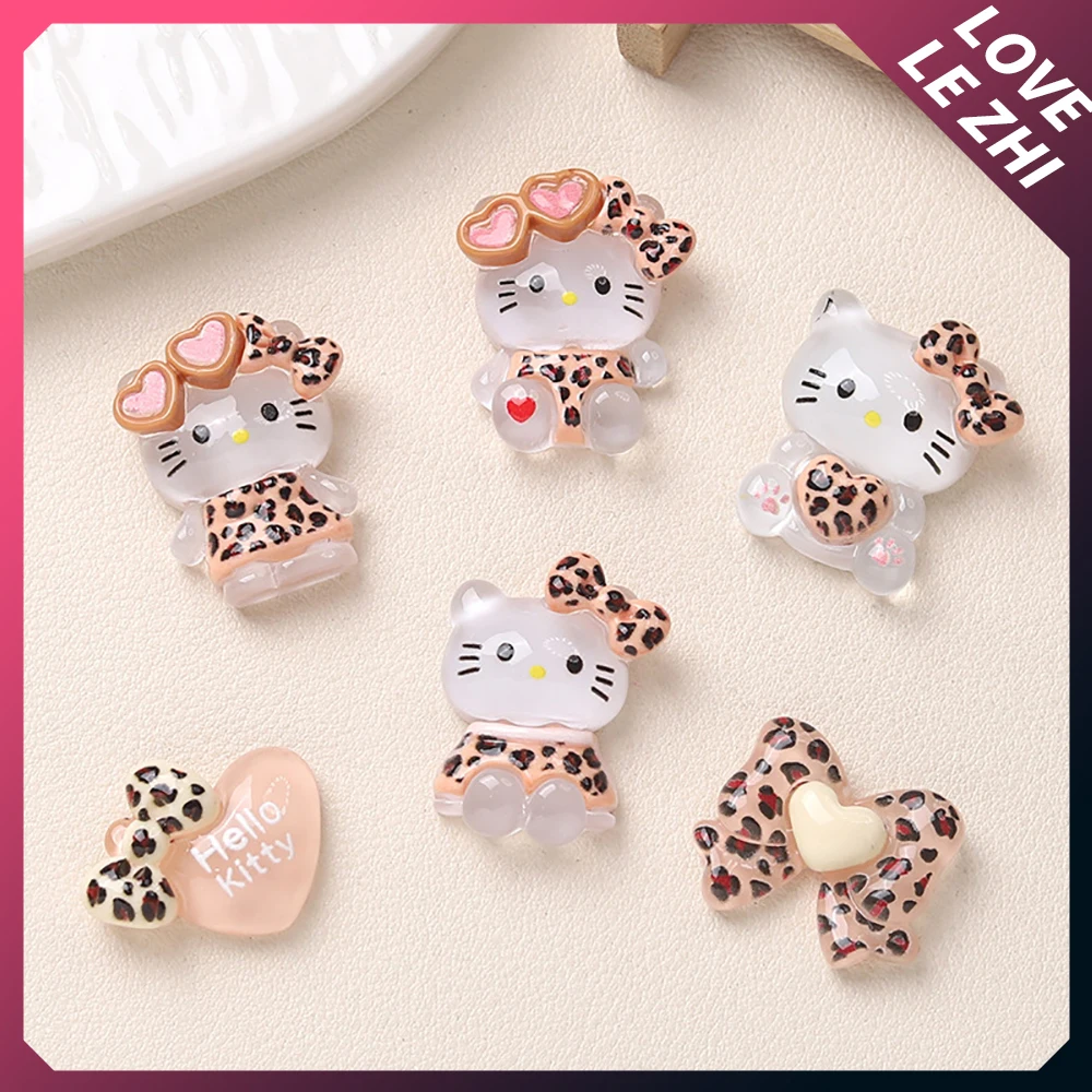 20Pcs Cartoon Leopard Print Translucency Hello Kitty Nail Charms Party Sticker Decoration 3D Resin Bow Diy Nail Art Accessories