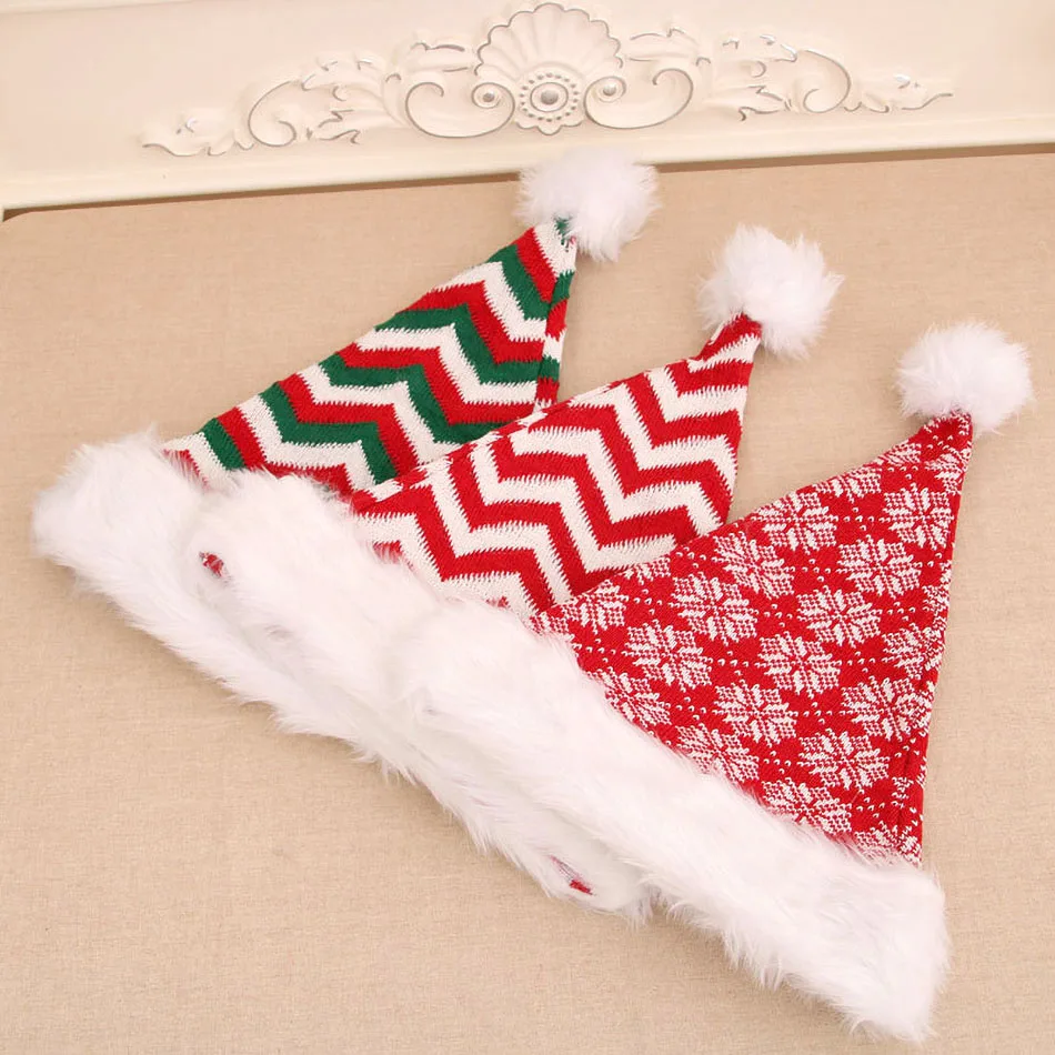 44x33cm Women Santa Hat Winter Knitted Fur Snowflake Beanie Hat Green Red White Stocking Christmas Hat Adult Xmas Party Supplies