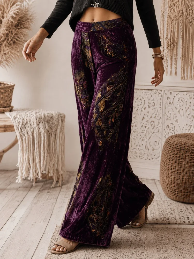 Women's Winter Velvet Wide-Leg Pants - High-Waist Design, Thick and Soft Elastic Fabric in Deep Purple with Retro Golden Geometric Pattern Texture, and Bohemian Style Pocket Design. Luxurious Texture, Suitable for Wearing at Casual Parties in Autumn and w