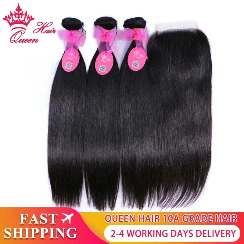 Raw Hair Straight Bundles With HD Lace Closure 5x5 4x4 100% Human Hair Transparent Lace Queen Hair Official Store