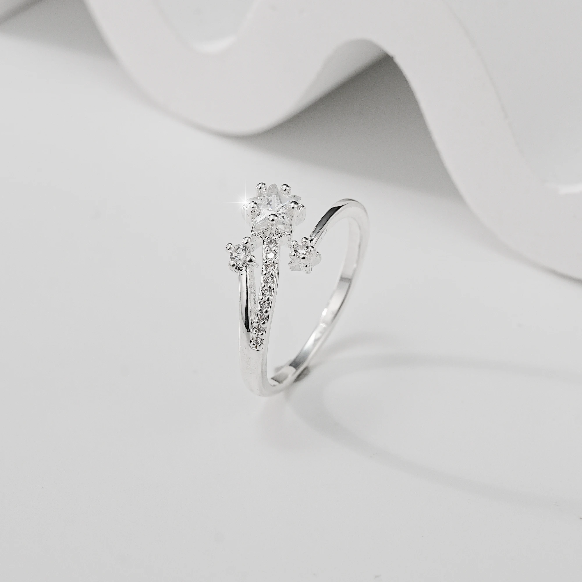 

925 Sterling Silver Open Ring Star Shape Zircon Adjustable Finger Ring For Women Fashion Jewelry