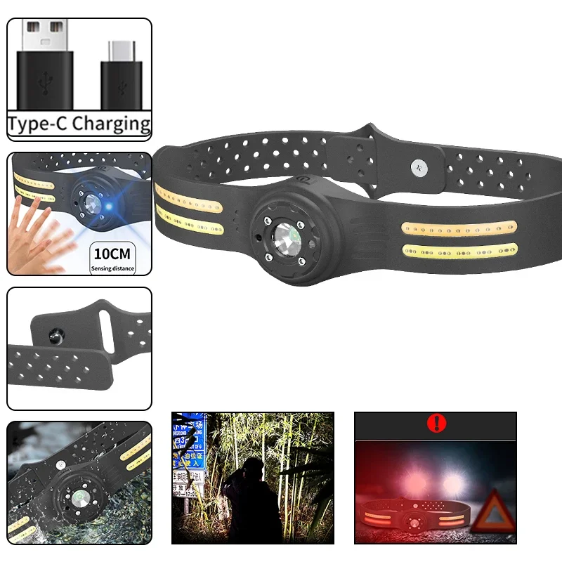 

Silicone Headband Motion Sensor White & Red Warm Light XPE COB LED Headlamp Type C USB Rechargeable Headlight 6 Modes New Design