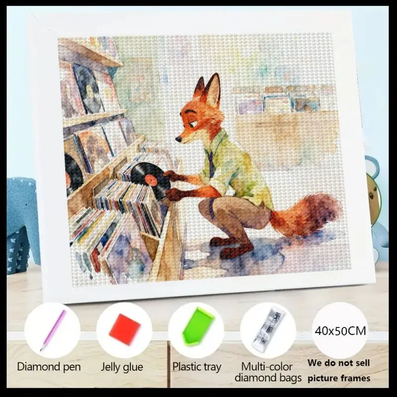 

1PC 5D DIY Full Drill Square Diamond Painting Kit, Charming Cartoon Fox in Retro Record Store Design, Detailed Animal Character