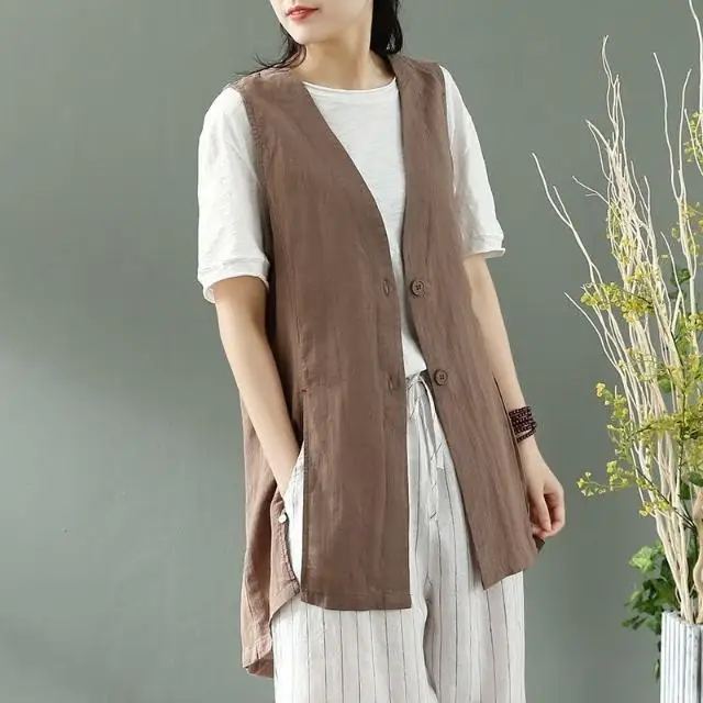 Summer Womens Cotton And Linen V-neck Long Waistcoat Vest