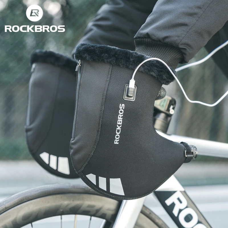 ROCKBROS Winter Cycling Heated Handlebar Gloves Windproof Warm Thermal Bicycle Handlebar Mittens Hand Bags MTB Road Bike Accessories
