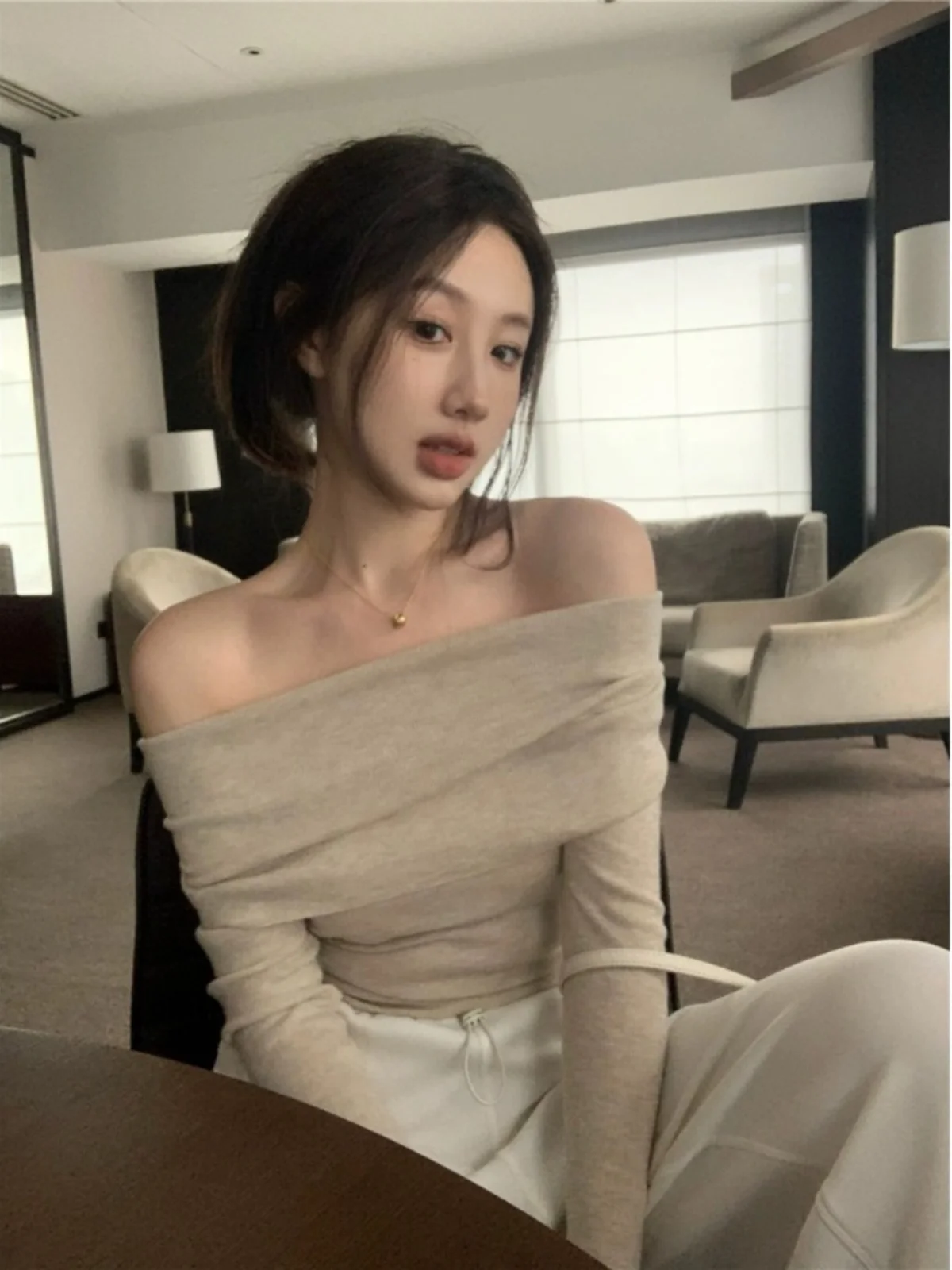 

Women's Slim Fit Long Sve Knitted Base irt Inner Wear oulder Bared Top Commute Sle Regular Length Overhead Closure