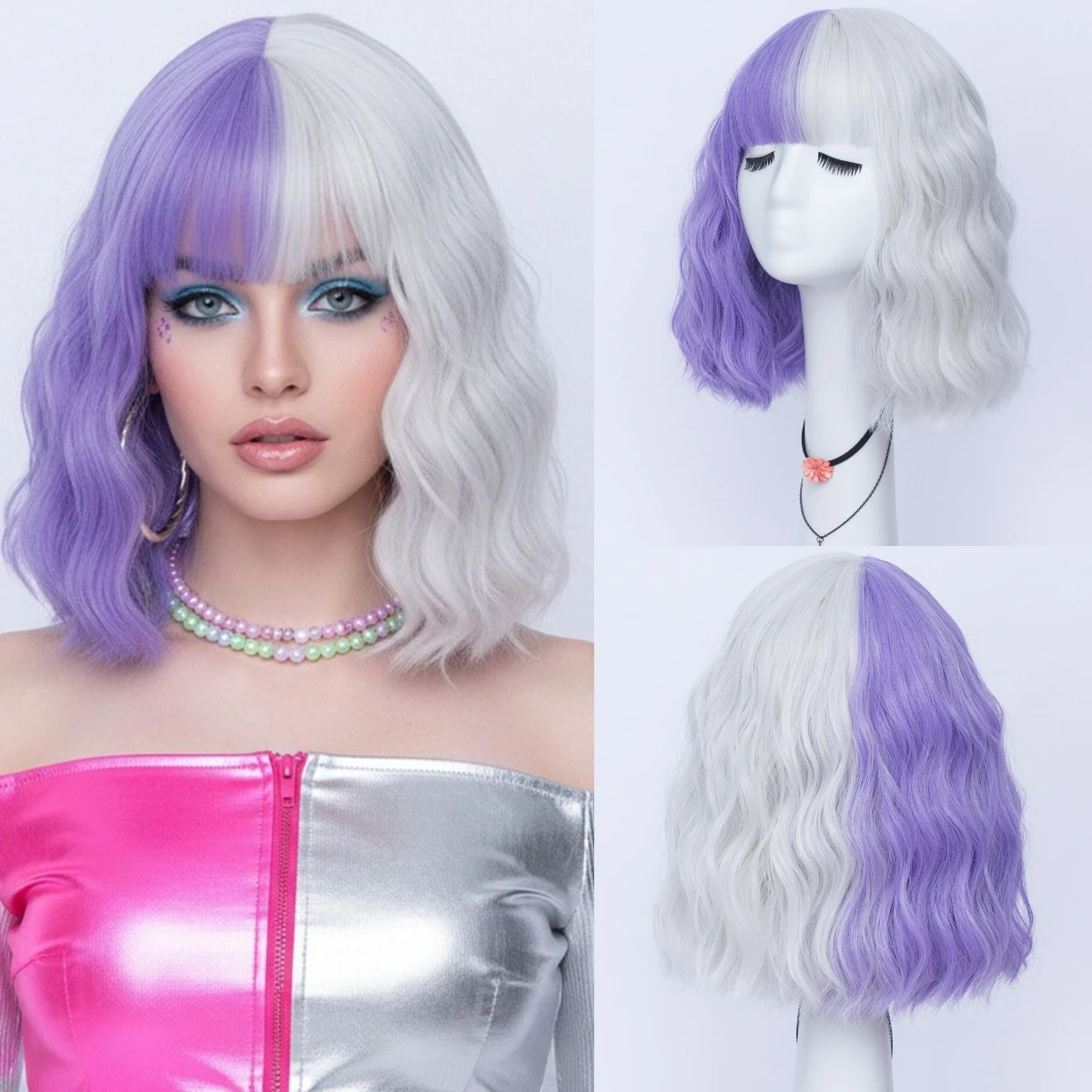

Short Two Tone Purple White Wig Cosplay Bob Wig Synthetic Wavy Curly Wig With Bangs For Women Daily Party Heat Resistant