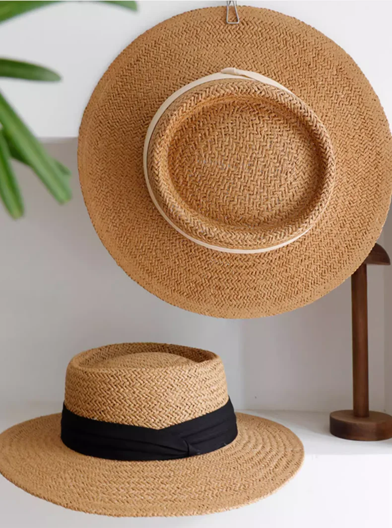 Luna&Dolphin French Style Women Summer Sun Beach Flat Straw Hat Khkai Vacation Panama Straw Woven Small Top Hat White Ribbon