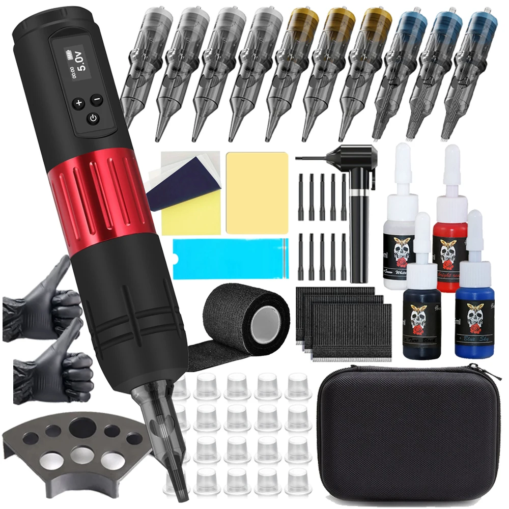 

New Wireless Tattoo Machine Kit With 10PC Cartridge Needles Portable 1600mAh Battery Digital LED Display For Tattoo Beginner Set