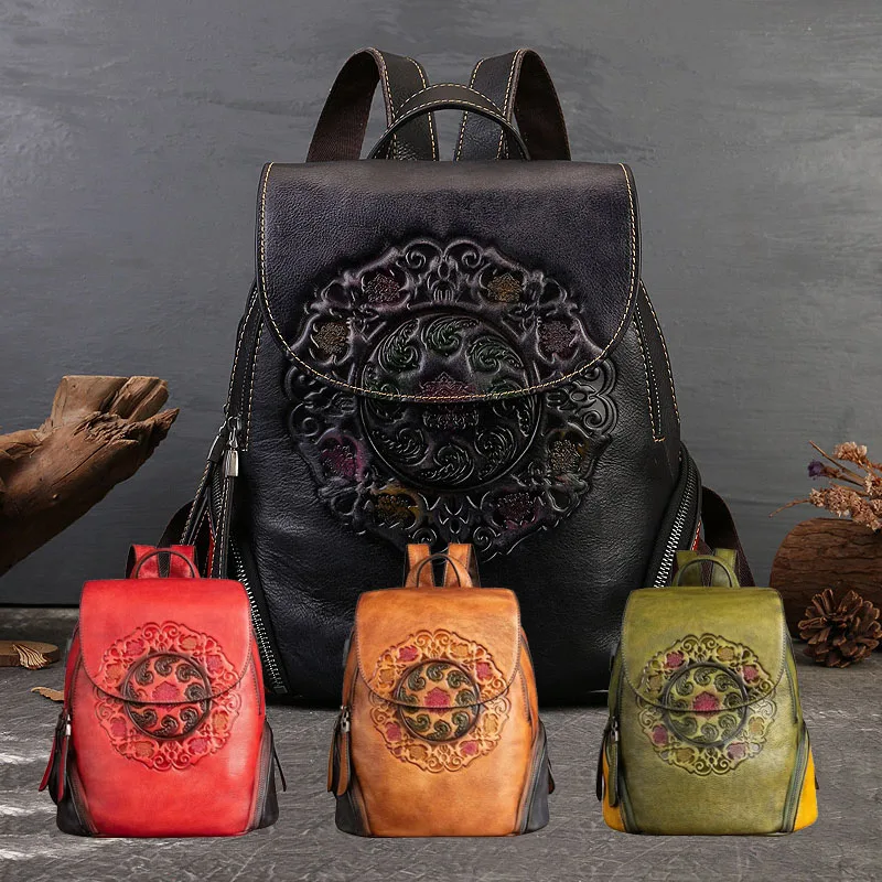 Handmade embossed vintage bag with Chinese style women's cowhide backpack with USB charging port