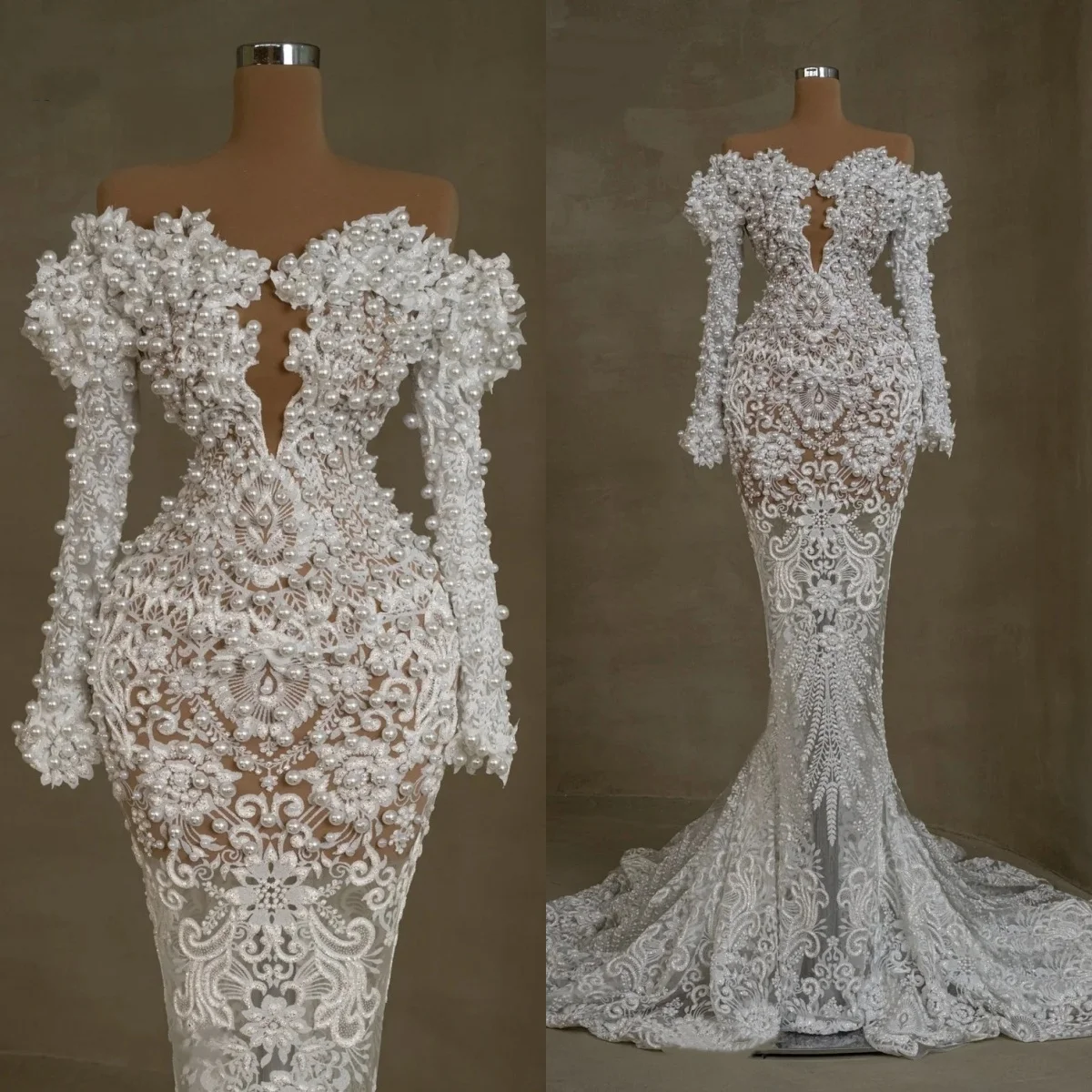 فساتين زفاف رائعة بدون أكتاف لؤلؤية فساتين زفاف مزينة بأكمام طويلة الأميرة حورية البحر مخصصة فيستدوس دي نوفيا