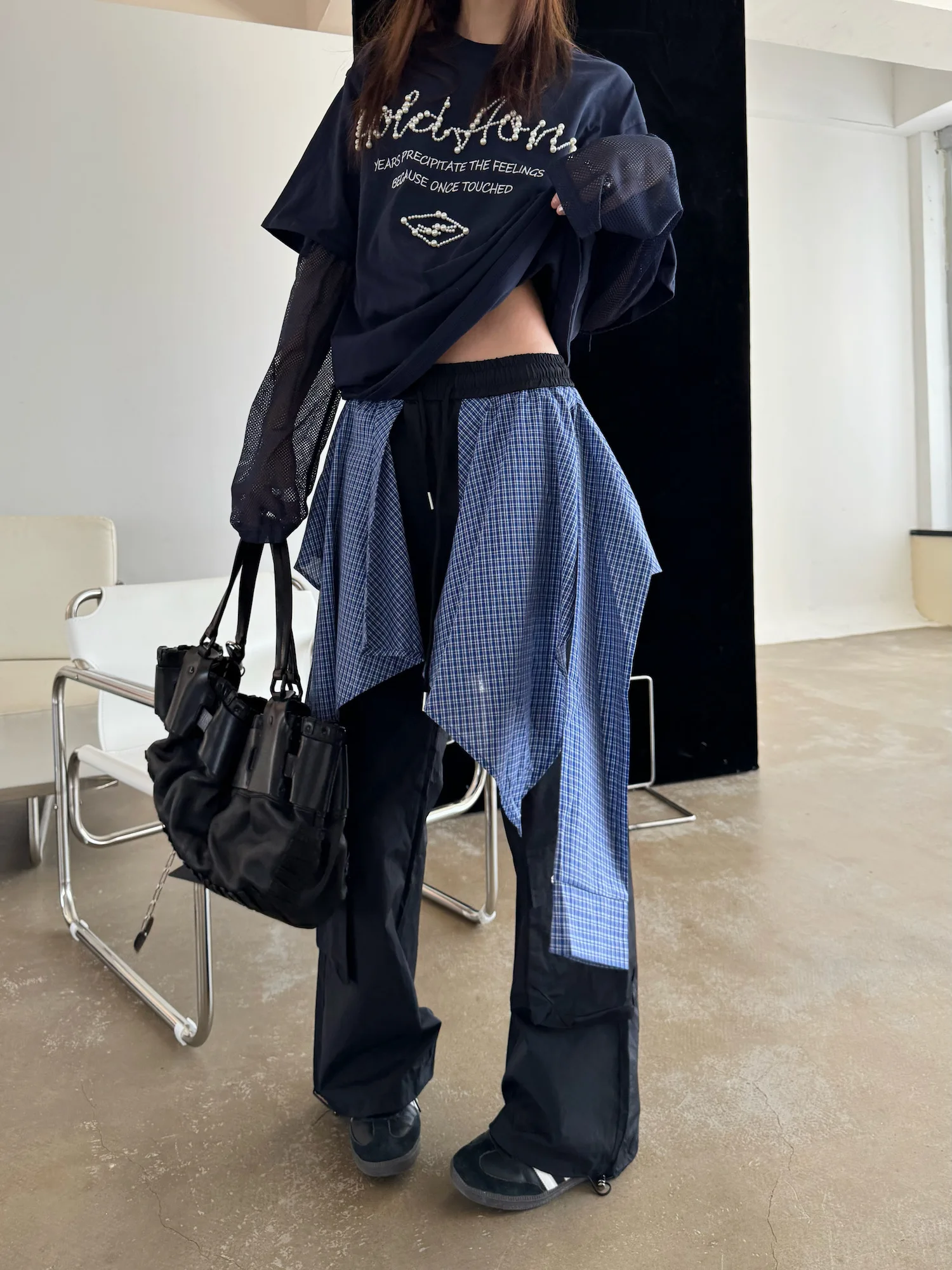 

Sermeet Plaid Patchwork Fake Two-Piece Bifold Curtain Work Pants Spring Early Season Sle l Waist Other Material Casua...