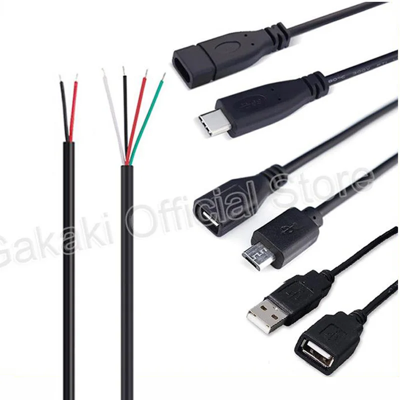 Male to Female 2-pin 4-pin Line Micro USB 2.0 Type-C Charger Wire Connector Power Supply Extension Cable