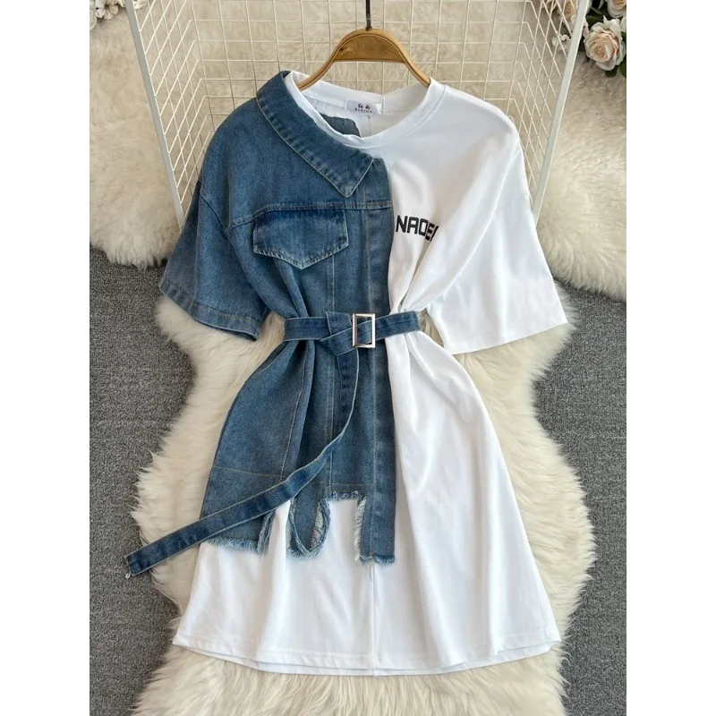 الصيف المرأة الدنيم المرقعة قصيرة الأكمام تي شيرت تيز س الرقبة فضفاضة التباين اللون الجينز تيز مربوط لاعبا القمم #2