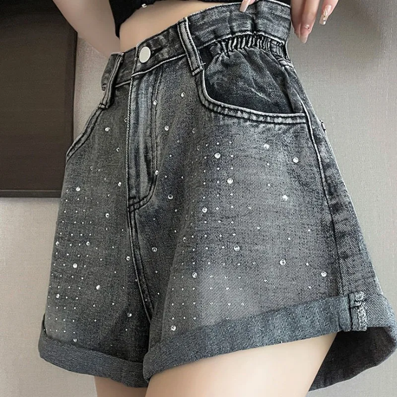 Short en jean court pour femme avec biscuits, short en jean femme, taille élastique, paillettes, chaud, esthétique à porter, été