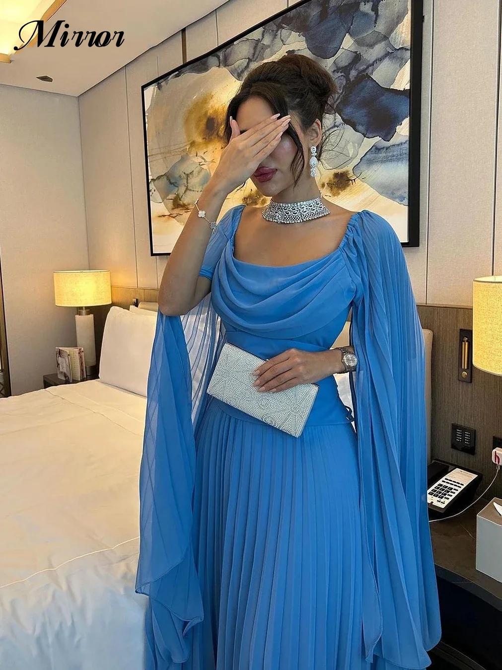 Mirror Dress Elegant Vintage Blue Ruffle Square Collar Ribbon Customized Formal Occasion Prom Dress Evening Party Gowns