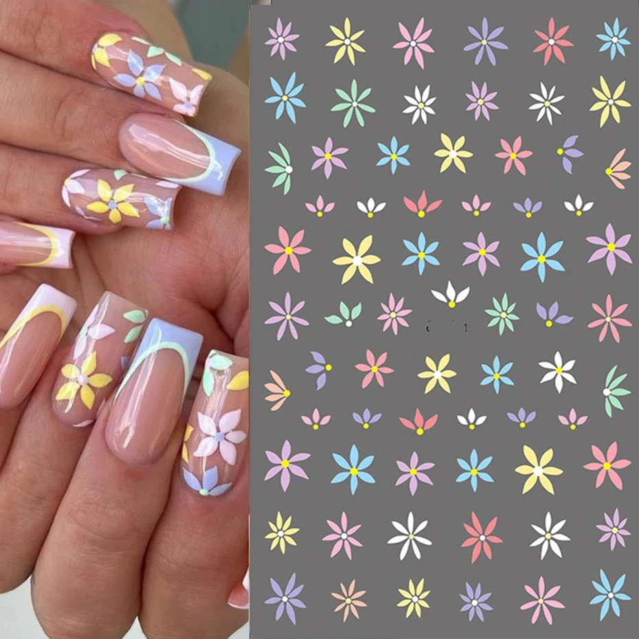 Autocollants pour ongles 3D à fleurs colorées, feuille verte, marguerite florale, décalcomanies à l'eau pour Nail Art, curseur de manucure, papillon, décor de pointes d'ongles