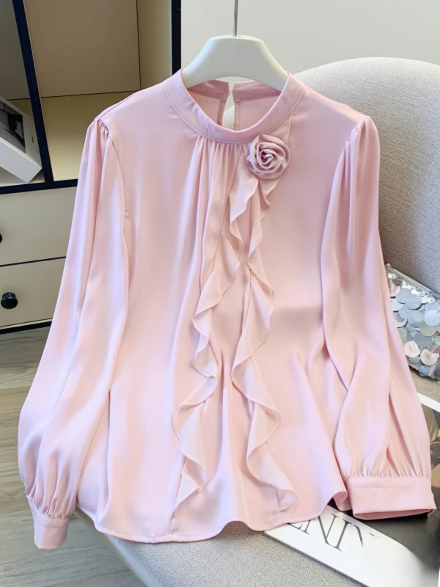 

Pink Satin Long Sleeve Base Shirt Women's Spring Autumn New Large Size Fat MM Slimming Beautiful 3D Flower Top Korean Style