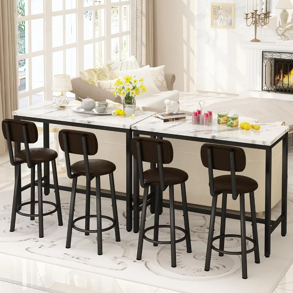 

Bar Table Set for 4,Kitchen Dining Set with 2 Pub Height Table and 4 PU Leather Stools with Backrest,Faux Marble Table Breakfast