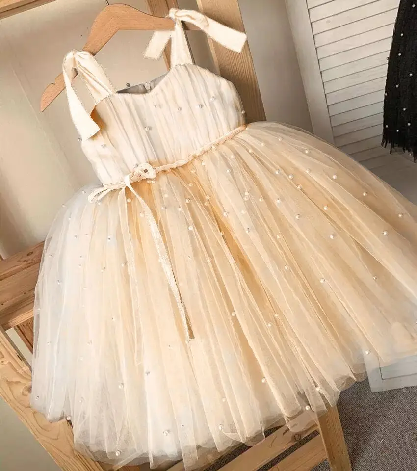 Baby Girls 1st Birthday Party Princess Dresses Toddler Kids Wedding Evening Gown Baby Girls Tulle Tutu Pearls Summer Vestidos